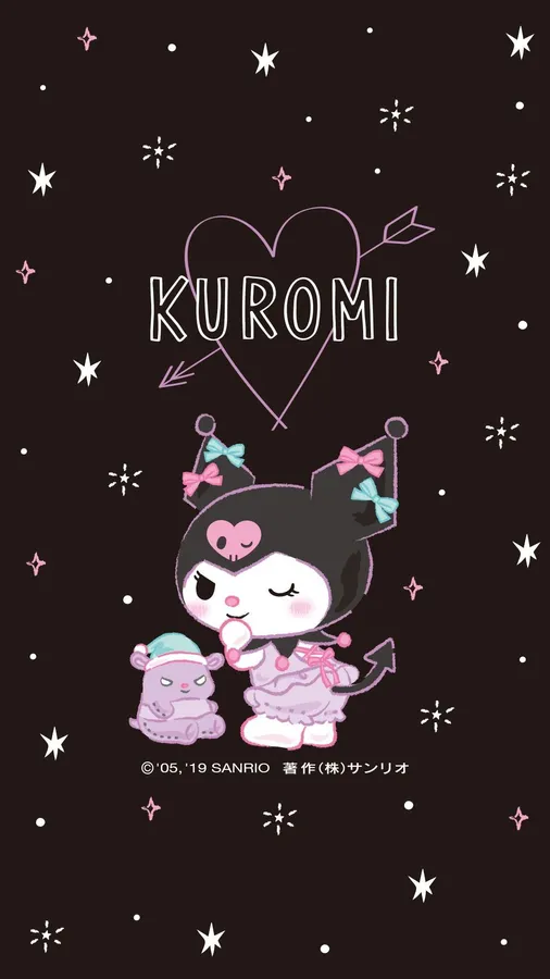 Kuromi 在星空下抱著毛絨玩具,並有愛心箭頭。