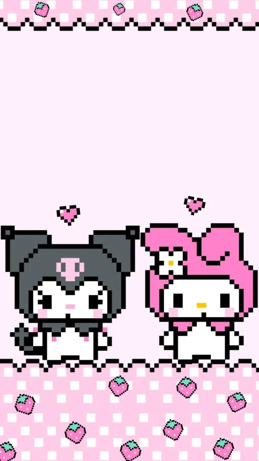 Kuromi 和 My Melody 的像素藝術,背景為粉紅色格仔,配有草莓。