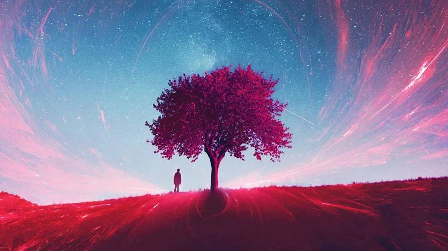 一個人在漩渦狀星空下,站在紅色田野上發光的樹下。