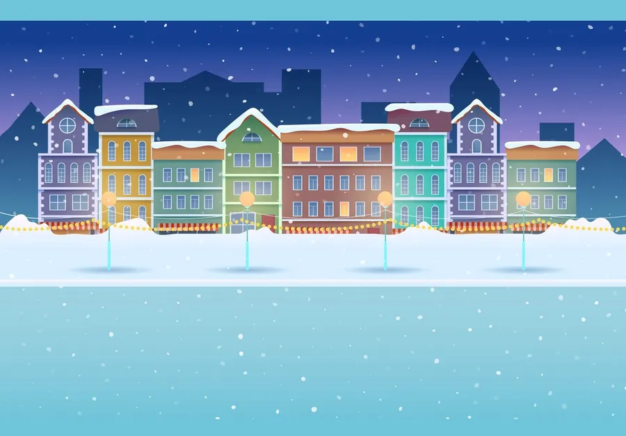 雪景城市風光,色彩繽紛的建築和夜晚發光的窗戶。