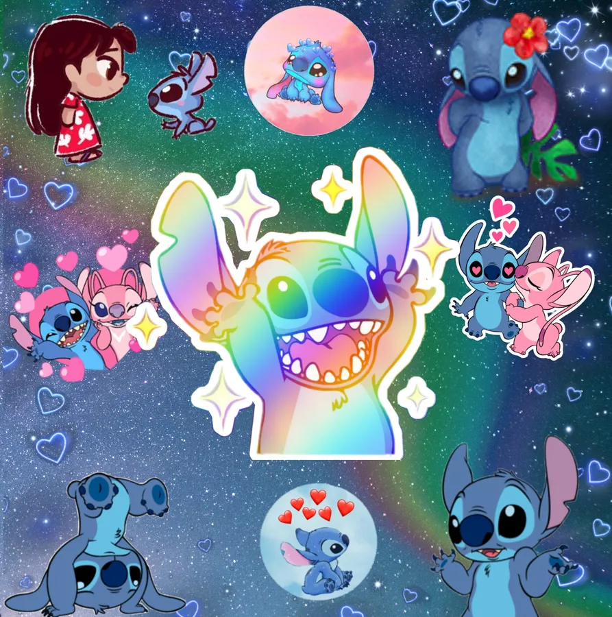 史迪奇角色在星空下,帶有心形和彩虹效果。