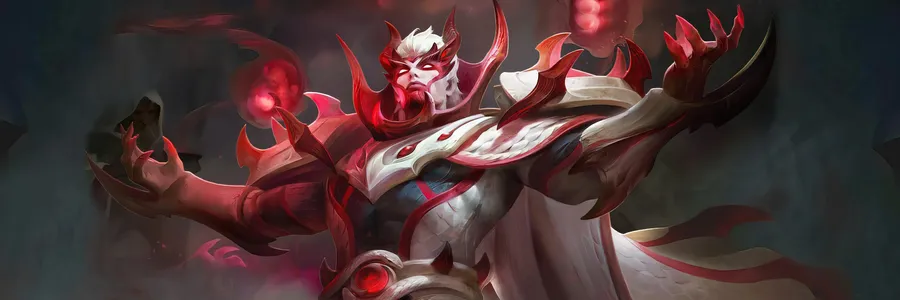 一個紅色和白色的惡魔戰士,擁有發光眼睛和角,施放黑暗魔法。