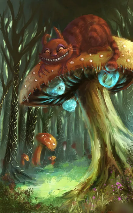 柴郡貓在黑暗魔法森林中的巨大發光蘑菇上微笑。
