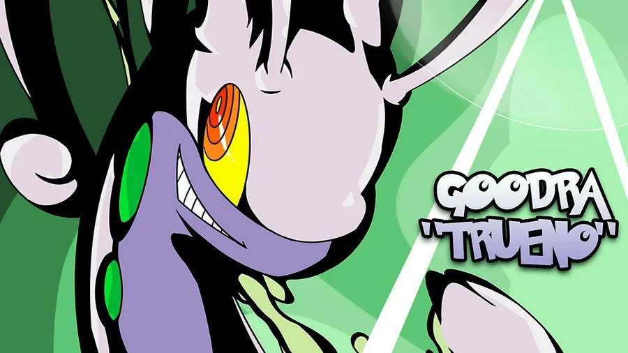 動漫角色 Goodra Trueno,紫色皮膚帶綠色斑點,咧嘴大笑。