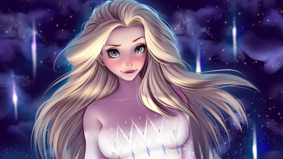 長金髮和發光藍色眼睛的動漫女孩,站在星光燦爛的宇宙背景前。