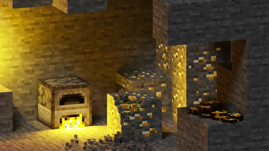 Minecraft洞穴,有發光的金礦和熔爐投射溫暖光芒。