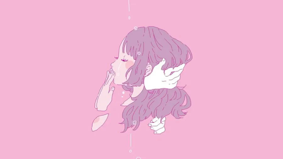 紫色頭髮的動漫女孩漂浮在粉紅色空間中,雙手靠近臉部。
