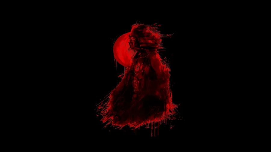 黑武士紅色剪影,黑色背景,紅色月亮。