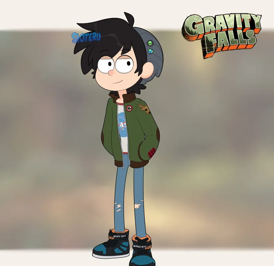 來自Gravity Falls的卡通角色,穿著綠色外套和破洞牛仔褲。