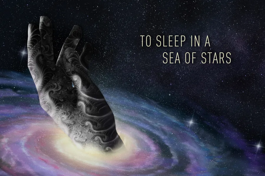 碎形手從彩色螺旋星系中升起,星空下帶有文字。