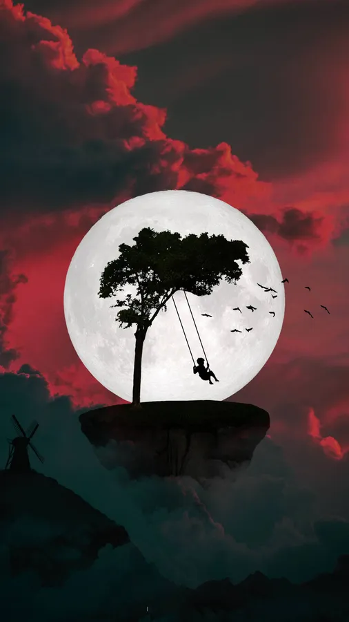 一個人在滿月紅雲下的浮空島樹鞦韆上搖擺的剪影。