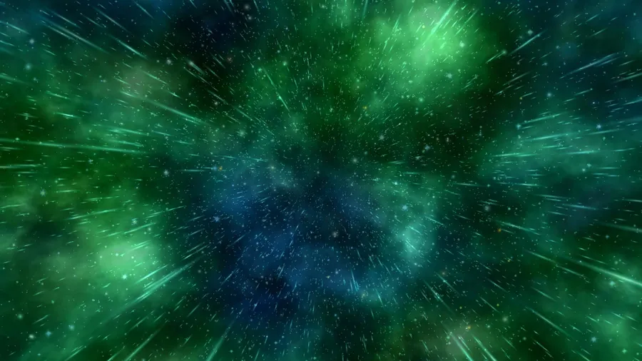 充滿活力的綠色和藍色星雲,帶有流星和宇宙塵埃。