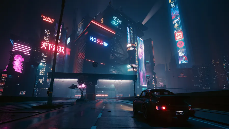 夜晚濕漉漉的霓虹燈城市街道上的黑色跑車