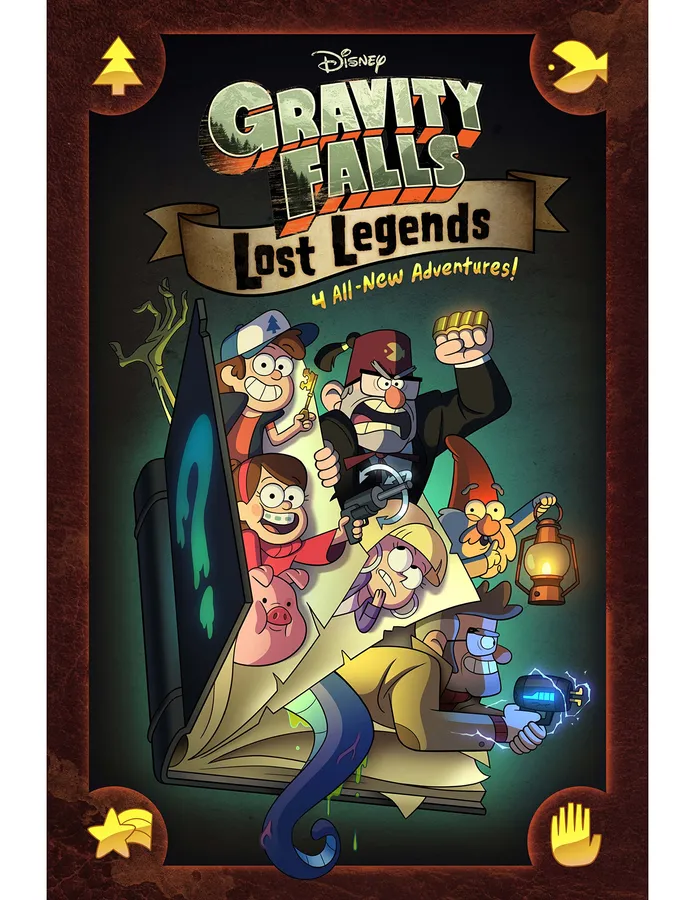 Gravity Falls 角色從巨型書中出現,表情恐怖又充滿冒險精神。