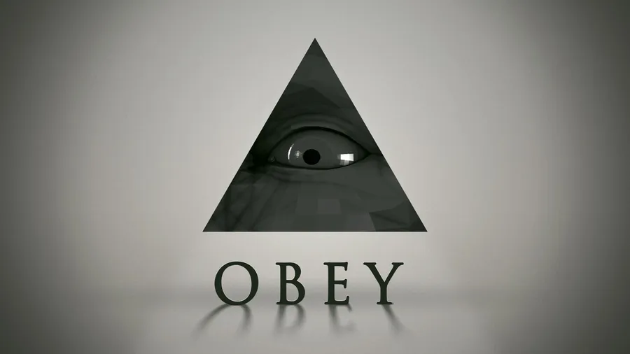 一個黑色三角形,裡面有一隻眼睛,下方有「OBEY」字樣。