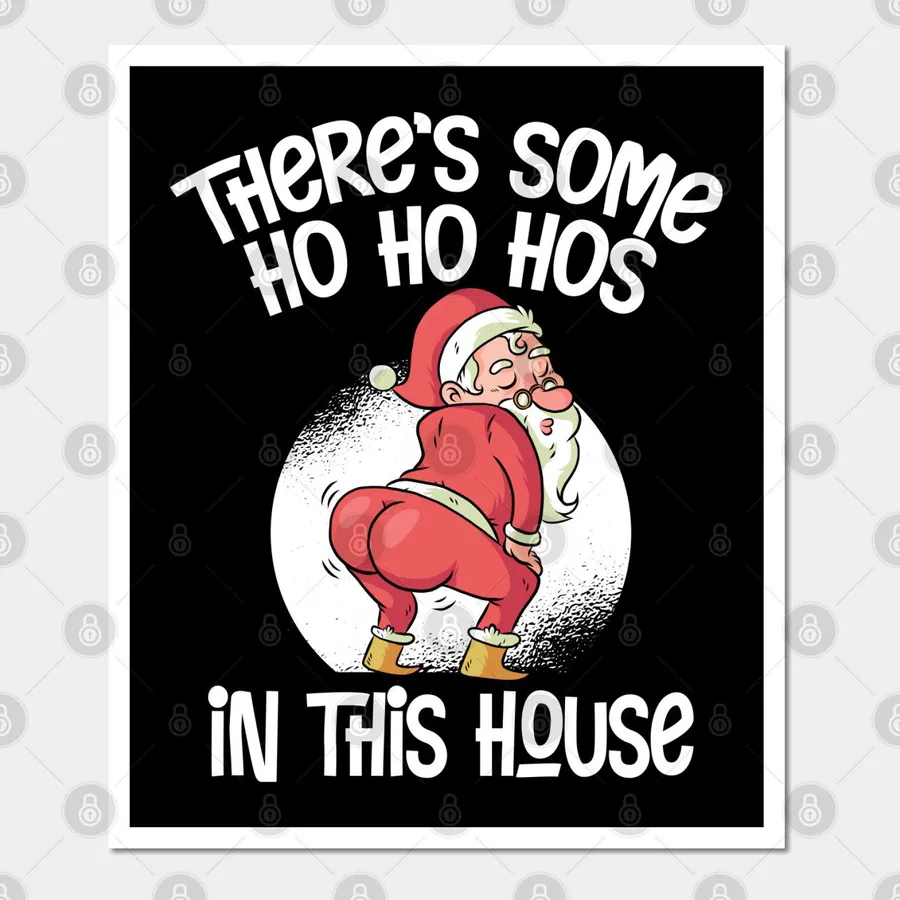 卡通聖誕老人蹲著,文字「There's some ho ho hos in this house」。