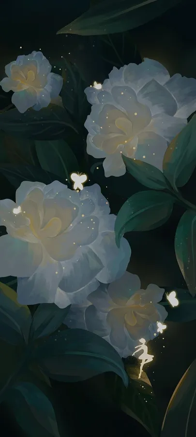 夜間深綠色葉叢中帶有蝴蝶的白色發光花朵。