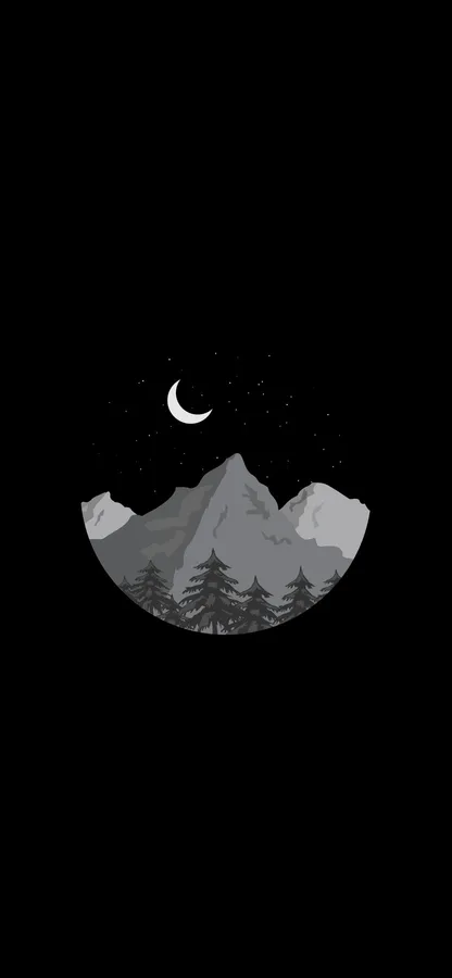 圓形山景,松樹在彎月和星星下。