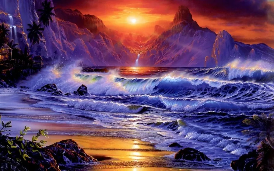 湍急海洋上的日落,破碎的波浪和山脈背景。