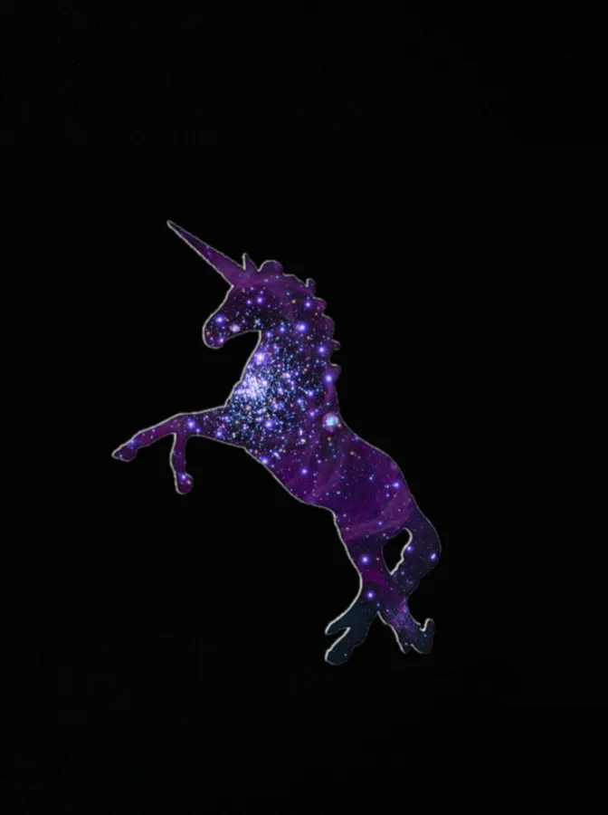 一個發光的宇宙獨角獸剪影在黑色背景上躍起。