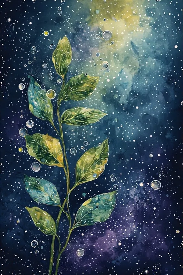 一條綠色樹枝漂浮在星光燦爛的宇宙星雲中,帶有發光的氣泡