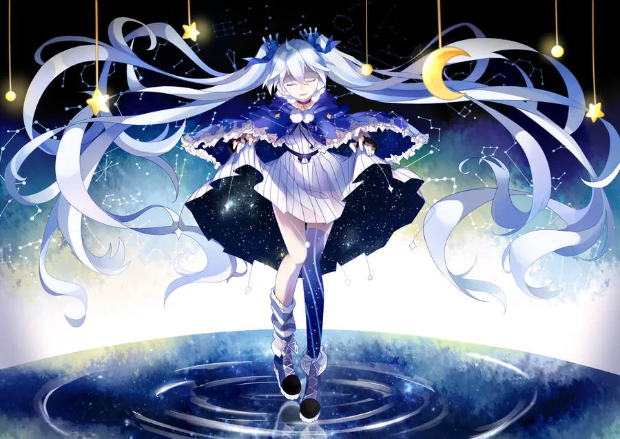 銀色頭髮的動漫女孩在懸掛的星星和月亮下的星形平台上跳舞。
