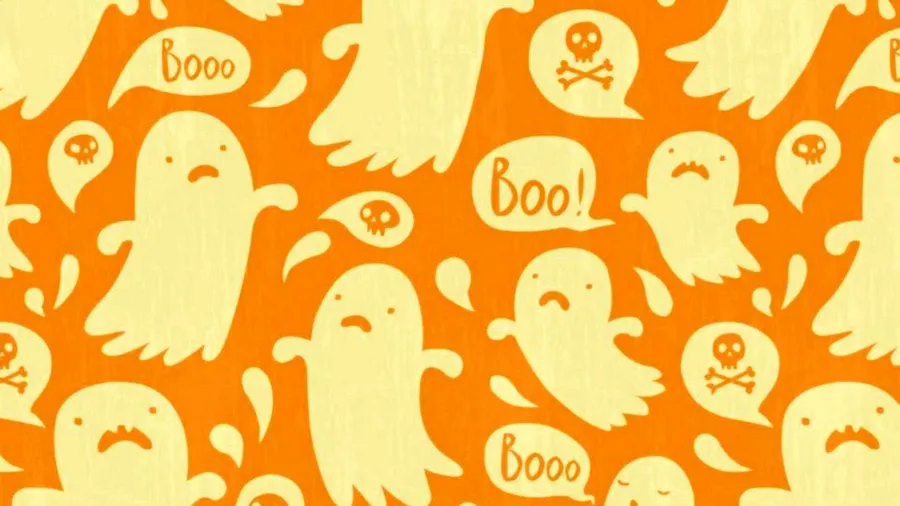 橙色背景,可愛的幽靈角色和骷髏圖標說著 Boo