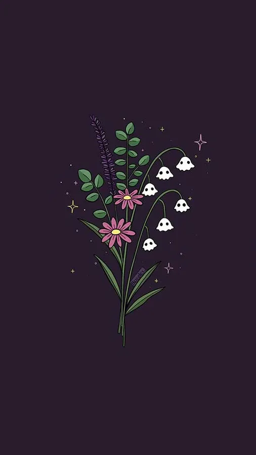 在深紫色背景上,帶有幽靈面孔和星星的風格化花卉佈置。