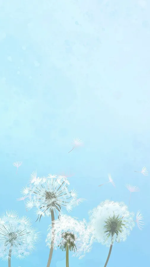 蒲公英種子在柔和藍色水彩天空中飄浮。