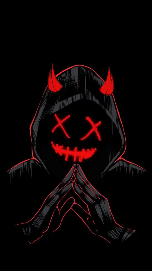 一個戴著兜帽的惡魔,擁有紅色發光的眼睛和角,雙手合十祈禱。