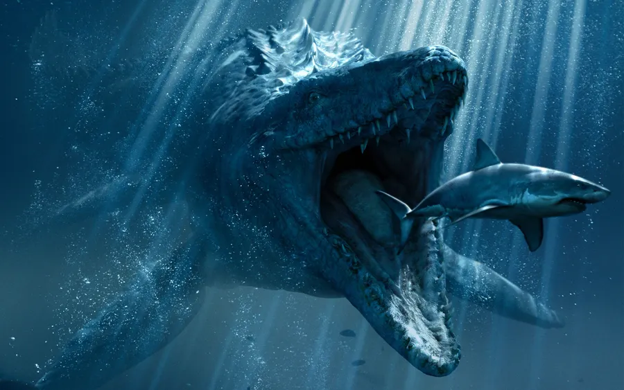 一隻巨大史前海怪在水下張開大口,旁邊有一條鯊魚。