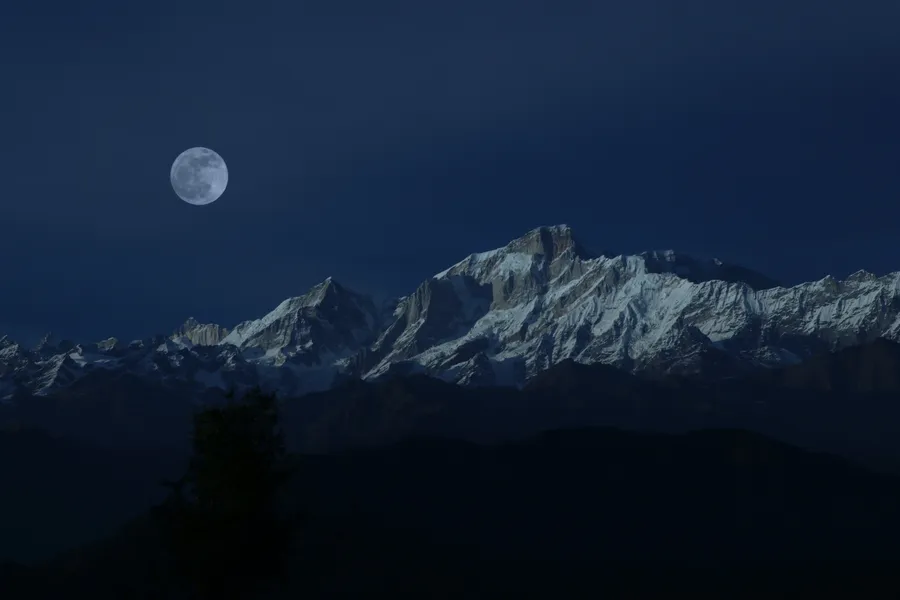 夜晚,滿月從積雪的山上升起,有黑暗的樹木剪影。