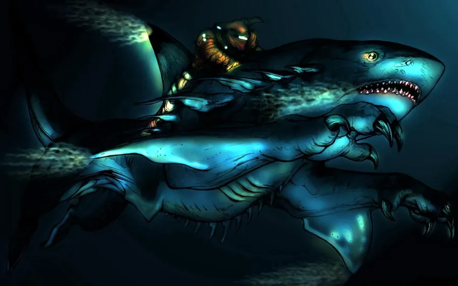 一位騎手騎著一隻眼睛發光、有爪子的鯊魚,在黑暗的海水中游動。