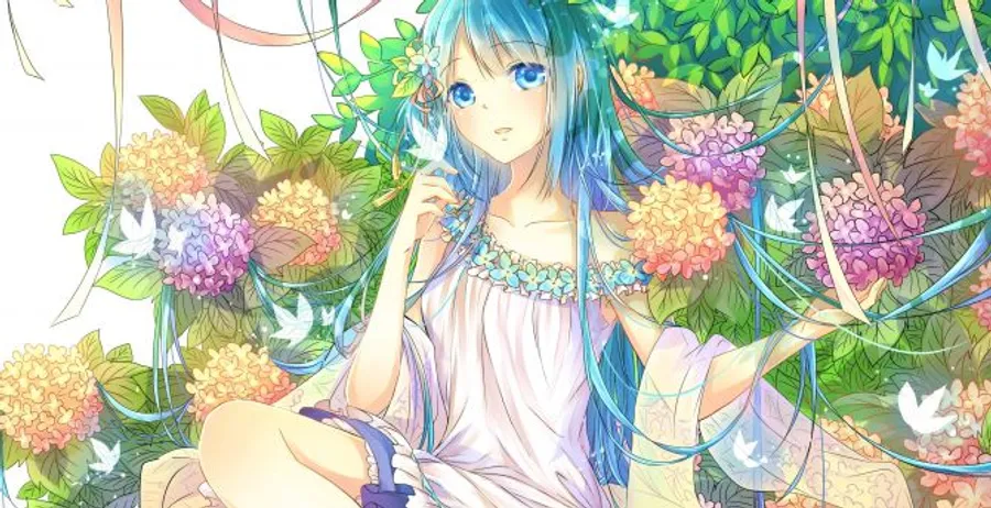 藍髮動漫女孩被色彩繽紛的花朵和白鳥環繞。