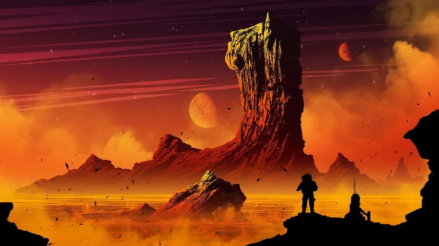太空人在外星行星日落時分的剪影,有兩個月亮