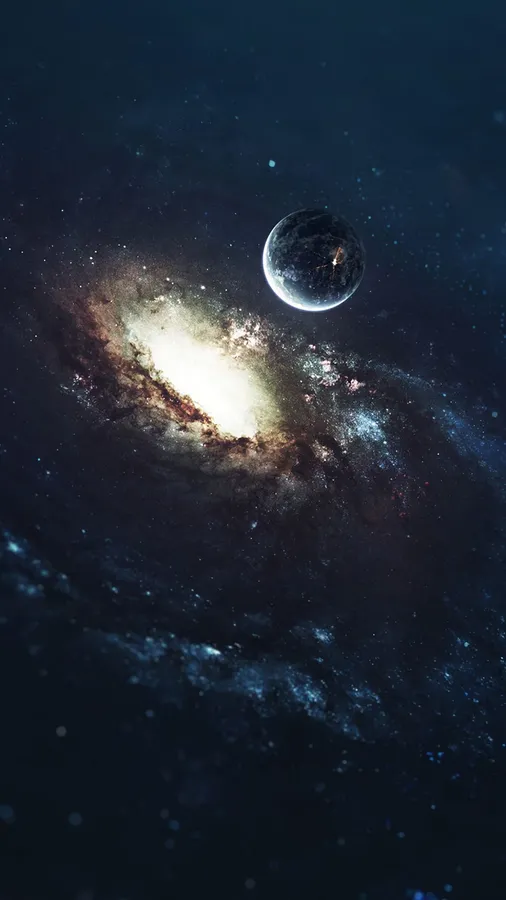 一個帶有發光環的行星繞著深空中明亮的螺旋星系運行。