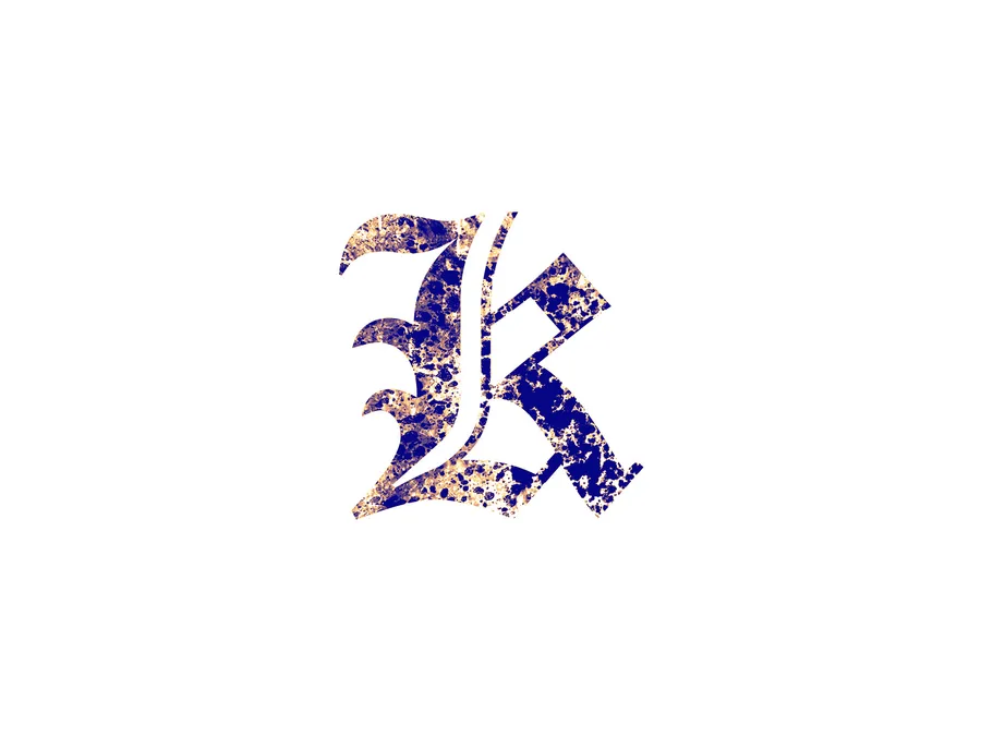 風格化的藍色和金色字母K,帶斑點紋理。