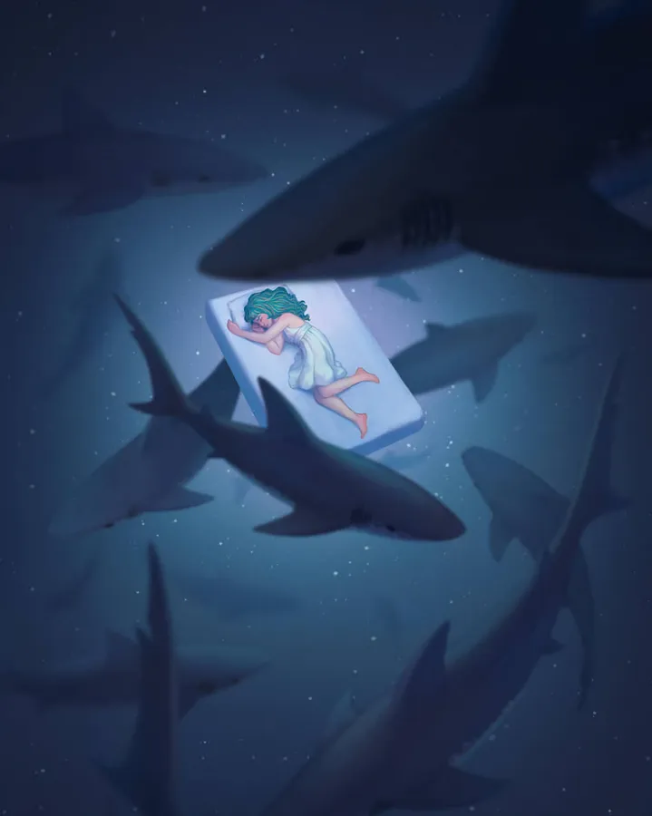 一個女孩在星空的海洋中,被鯊魚包圍,睡在漂浮的床墊上。