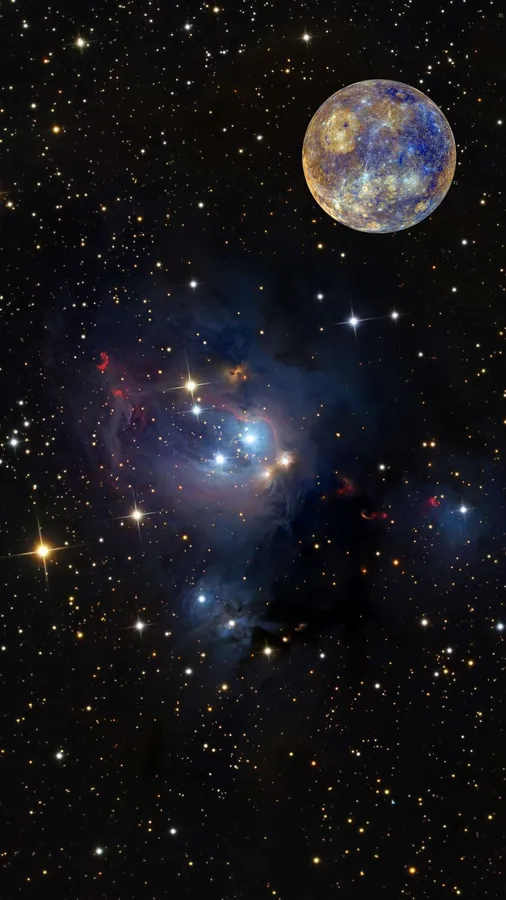 一個發光的宇宙星雲,太空中有一顆行星,周圍環繞著星星。