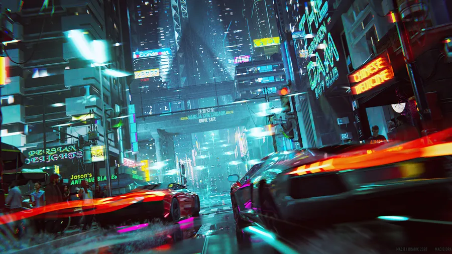 霓虹燈照亮 cyberpunk 城市街道,夜晚有高速行駛的汽車和發光招牌。