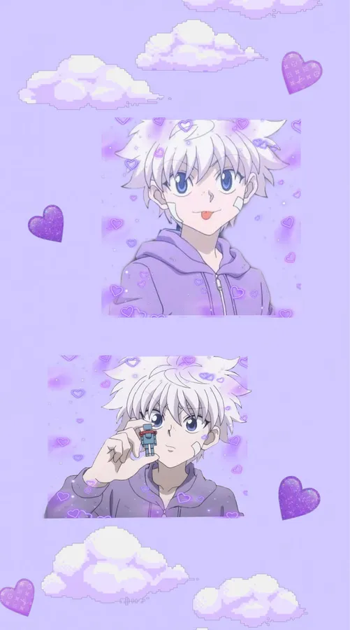 白髮藍眼的動漫男孩微笑著,手持一個小公仔,周圍環繞著心形和雲朵。