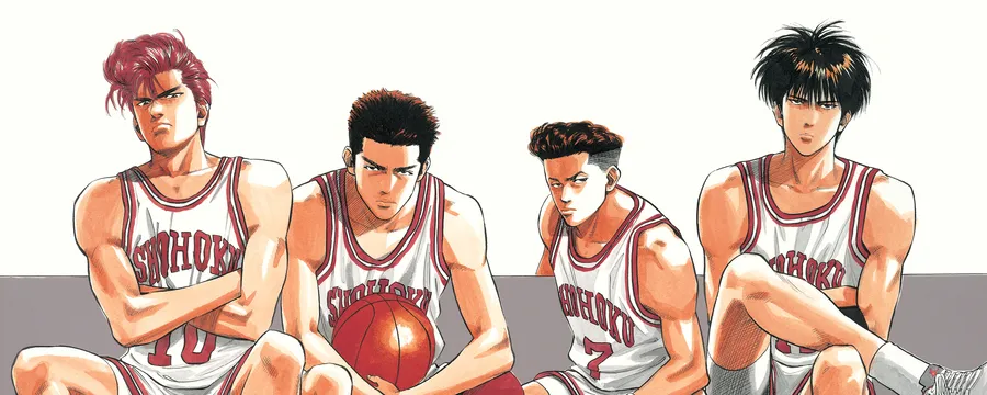 四個穿著湘北球衣的動漫籃球運動員坐著拿著球。