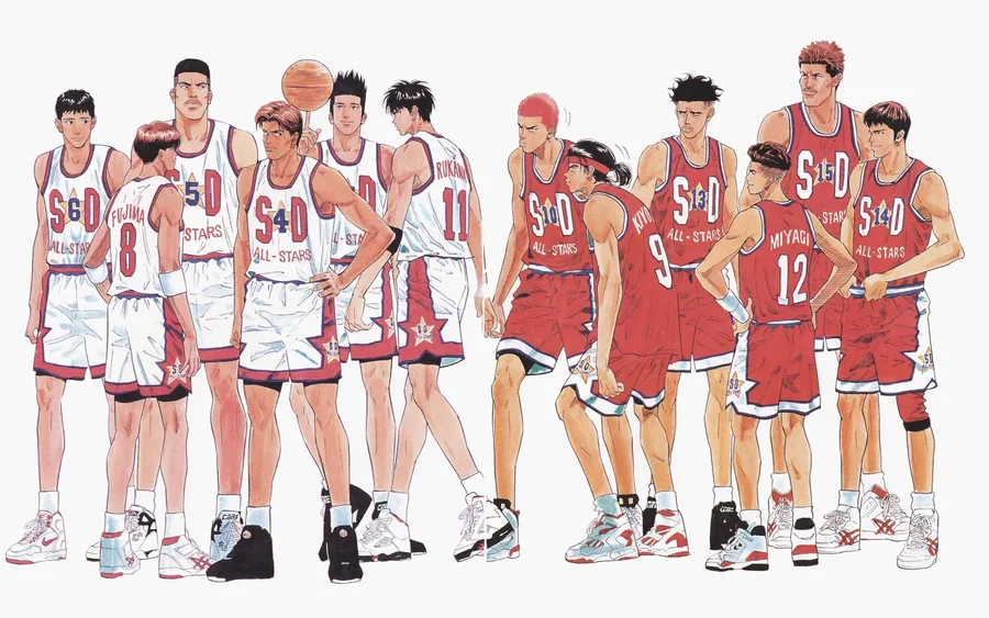 動漫籃球運動員身穿紅白球衣面對面。