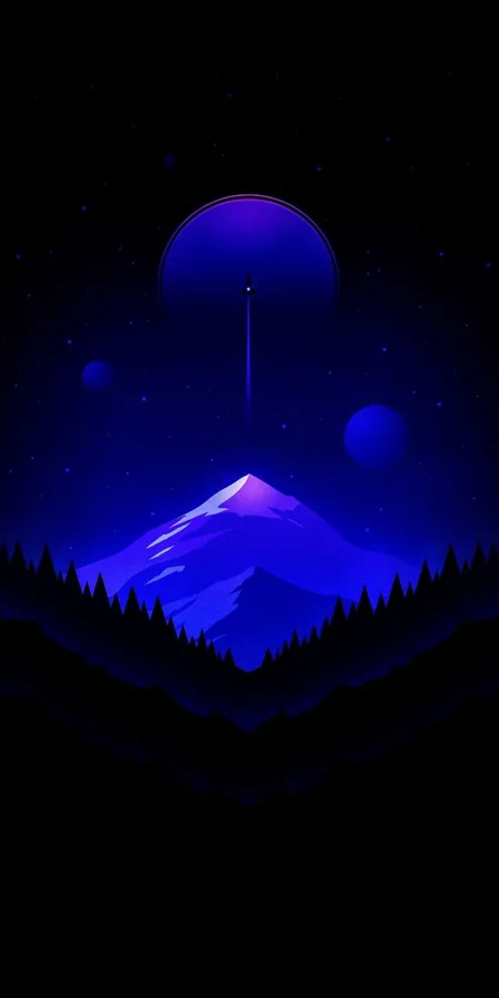 發光月亮下的紫色山峰,帶有漂浮球體和星星