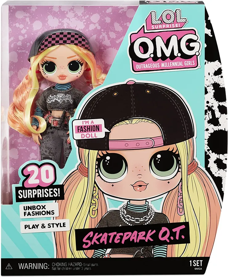 Skatepark Q.T. 公仔,金色辮子和大眼睛,穿著街頭服飾。