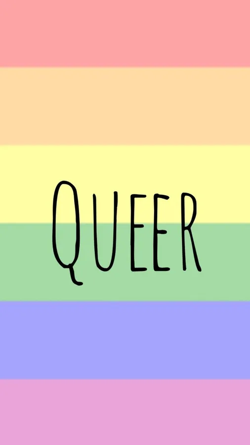 粉彩彩虹旗,帶有黑色手寫字體「queer」。