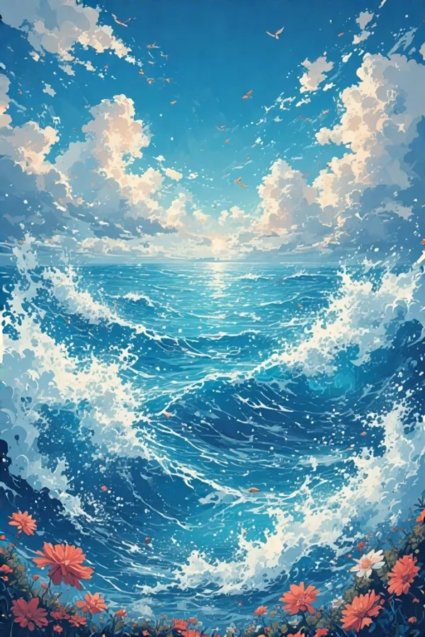 藍色海浪向著多雲的天空升起,有鳥兒飛翔,底部有紅花。