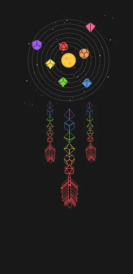 一個風格化的捕夢網,在黑暗的星空背景上帶有幾何形狀和羽毛。