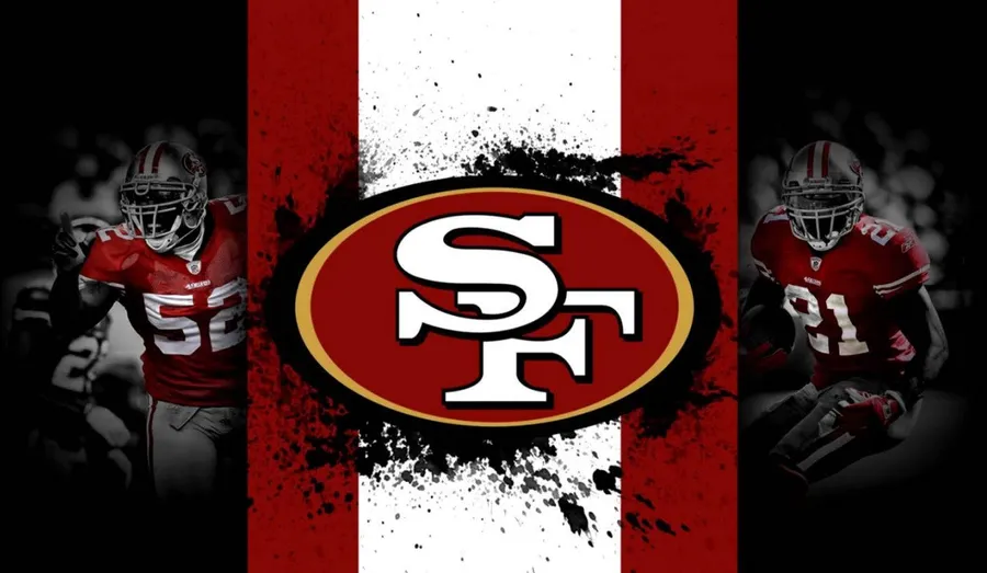 San Francisco 49ers 足球隊標誌,兩側有球員。