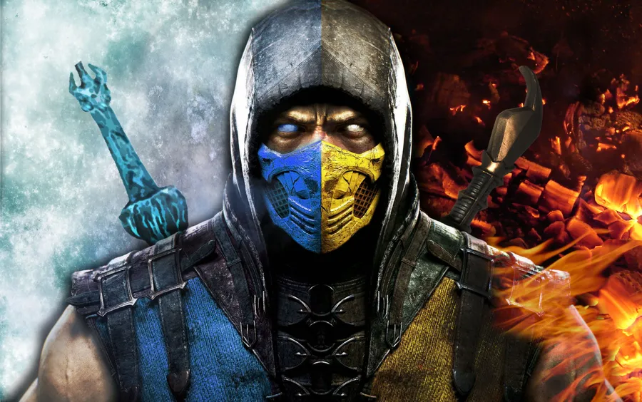 Mortal Kombat 戰士,一半冰藍一半火橙,手持武器。